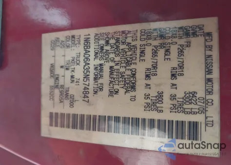 2005 Nissan Titan Se из США, поврежденный, VIN 1N6BA06A35N574847